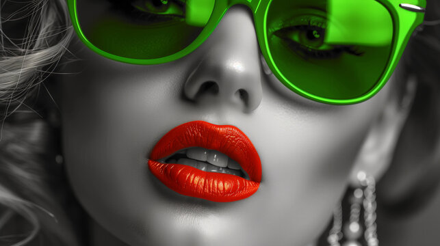 black and white photography of beautiful female wearing a green sunglasses and red lipstick