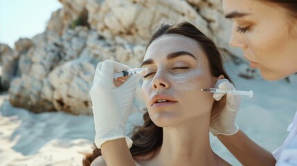 Beauty salon on a beach with white sand, beautician makes injections with a syringe on a model