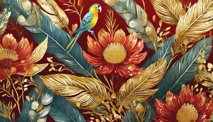 Golden Paradise: Exotic Birds and Blooms"