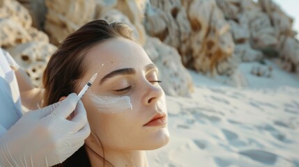 Beauty salon on a beach with white sand, beautician makes injections with a syringe on a model