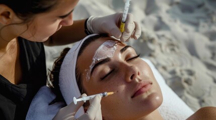 Beauty salon on a beach with white sand, beautician makes injections with a syringe on a model