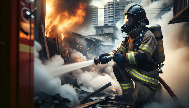 Professional Firefighter in Action, Extinguishing Flames with Smoke Billowing Around, Candid Daily Work Environment Theme - Powered by Adobe