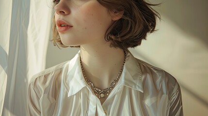minimalist beauty portrait sheer ivory blouse delicate silver necklace - obrazy, fototapety, plakaty