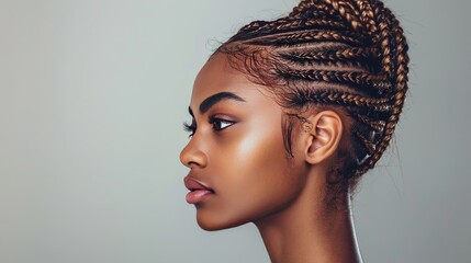 profile view of model with braided hair style exotic look earthy tones