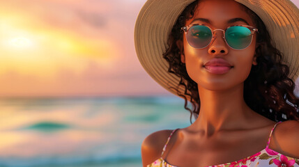 african american Resort fashion female model, elegant in a flowing pastel sundress, delicate floral patterns, sun hat, and oversized sunglasses, standing on a pristine beach