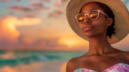 A woman wearing a straw hat and sunglasses is standing on a beach. She is smiling and looking out at the ocean. african american Resort fashion female model, elegant in a flowing pastel sundress.