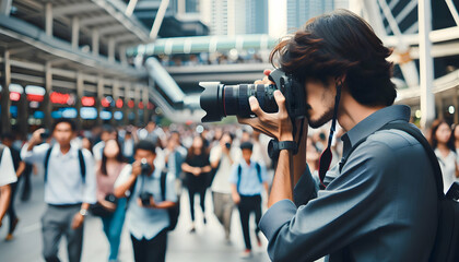 Capturing Daily Life: Street Photographer Immersed in Candid Urban Scenes