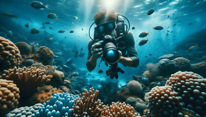 Obraz na płótnie Canvas Underwater Photographer Capturing Candid Daily Life and Work on Coral Reef in Natural Environment