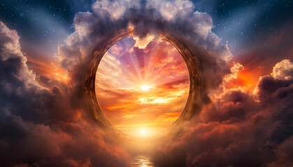 Abstract portal to mystic dark clouds at sunset. Magic teleport. Way to heaven. 3D rendering.