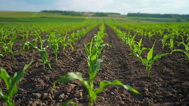 A field of corn is shown in the image. The corn is green and growing in rows. The field is vast and stretches across the entire image