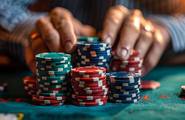 A man's hands hold a stack of poker chips at a casino table, depicting a poker game concept - 783071739