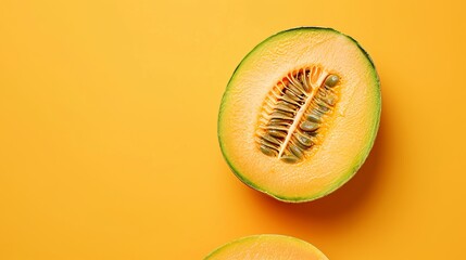 Ripe cantaloupe melon on vibrant orange backdrop, seasonal summer fruit with visible seeds