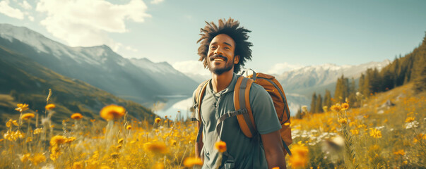 Young man hiking in mountains in sunny summer day. Tourism and recreation concept. - Powered by Adobe
