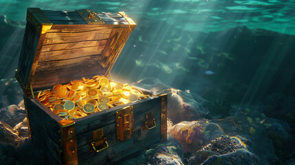 A treasure chest full of gold coins was sitting on the rocky shore. The sunlight shone on his chest, making the gold coins sparkle. The scene is calm and peaceful with the ocean in the background. - obrazy, fototapety, plakaty