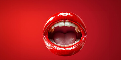 A red mouth with a tongue sticking out. The mouth is open wide and the tongue is hanging out. a perfect mouth of a woman wearing red lipstick, perfect teeth, mouth is open wide