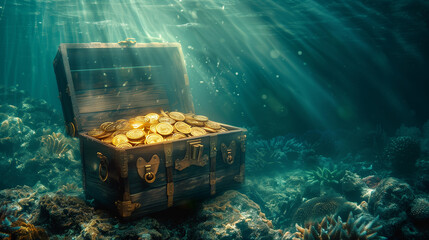 A treasure chest full of gold coins was sitting on the rocky shore. The sunlight shone on his chest, making the gold coins sparkle. The scene is calm and peaceful with the ocean in the background. - obrazy, fototapety, plakaty