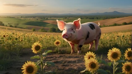 A happy little piglet with a flowery face that blooms in a cartoon-style drawing of a prairie with sunflower seeds and a solitary landscape. View Less