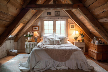 A cozy attic loft transformed into a charming guest bedroom with sloped ceilings.