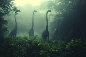 Misty Forest with Grazing Brachiosaurus Herd. Concept Nature, Photography, Landscape, Prehistoric Animals, Jurassic Theme - obrazy, fototapety, plakaty