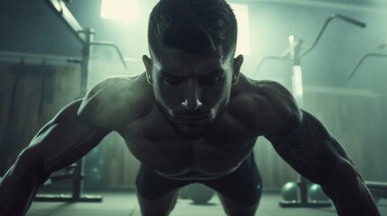 Fototapeta na wymiar A man doing push ups in a gym