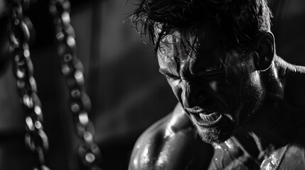 Fototapeta na wymiar A black and white photo of a man in a gym