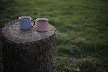 a cup of coffee stands on a wooden table in the garden