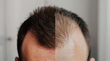 comparison of a mans hair before and after treatment for hair loss. Hair transplant - 783072924