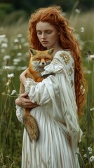 Fototapeta premium A woman in a white dress holding a red fox