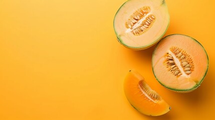 Sliced and diced cantaloupe melon on orange background, summer fruit with seeds, seasonal freshness