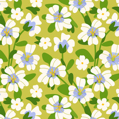 Seamless pattern with Brahmi flower, plant and leaves. Bacopa Monnieri spring vector background for print, fabric, tablecloth, wrapping paper, wallpaper, textile, cover. Indian pennywort