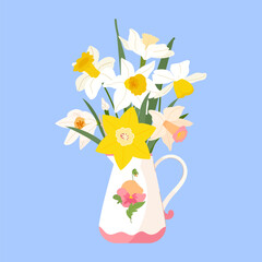 Bouquet of spring daffodil flowers in white vase jug isolated on blue background. Cute seasonal botanical vector illustration for cover, picture, card, poster