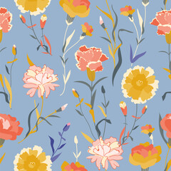 Colorful Carnation Seamless Pattern on blue background. Spring floral background for fashion prints, fabric, wrapping paper, wallpaper, textile, cover