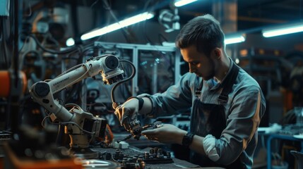 Factory maintenance engineer working with old defected robotic arm in maintenance workshop