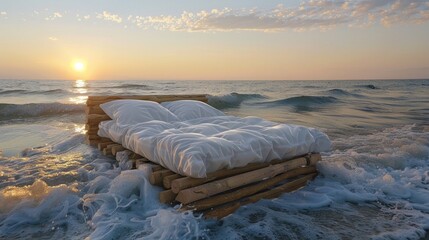 A mattress on a wooden platform in the ocean