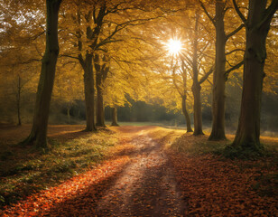 Fototapeta premium Leaf-Covered Path in a Sunlit Autumn Forest