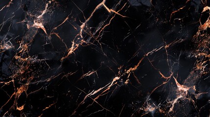 Deep black marble background, highlighted with bold, jagged rose gold veins and a highly detailed texture.  - obrazy, fototapety, plakaty