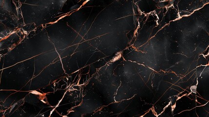 Deep black marble background, highlighted with bold, jagged rose gold veins and a highly detailed texture.  - obrazy, fototapety, plakaty