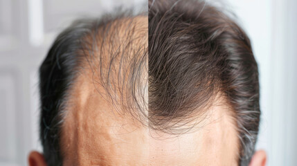 comparison of a mans hair before and after treatment for hair loss. Hair transplant - obrazy, fototapety, plakaty