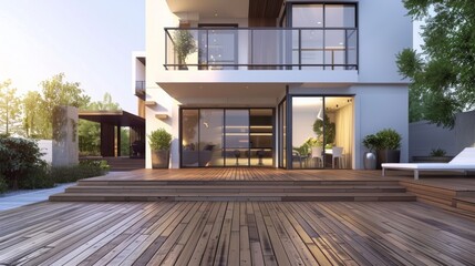 A modern house with a wooden deck in front of it