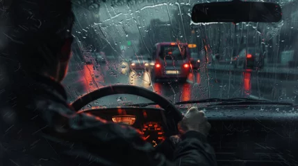Fototapeten A man driving a car in the rain © Maria Starus
