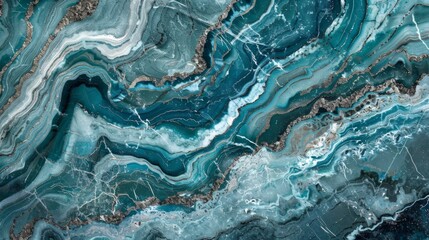 Ocean-inspired teal marble with silver and azure veins swirling together in a detailed texture.  - obrazy, fototapety, plakaty