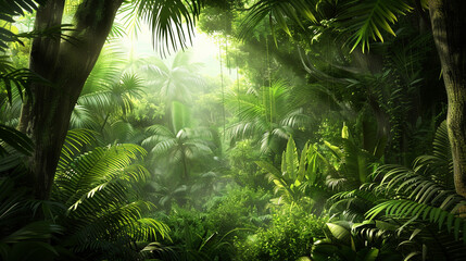 Lush Jungle, Sunbeams piercing through the dense foliage of a vibrant, lush jungle.