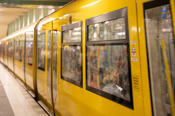 Yellow underground train. yellow train close-up.