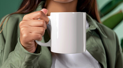 Fototapeta na wymiar Blank Mug Mockup, Close-up of a hand holding a blank white mug for branding mockups.