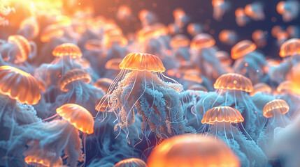 Sea of Glowing Jellyfish, Vibrant jellyfish underwater with a dynamic orange glow. - obrazy, fototapety, plakaty