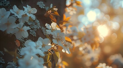a close-up of a cherry tree blooming with white flowers against a sunset background with branches out of focus from the side, the concept of a spring screensaver for a phone or computer - Powered by Adobe