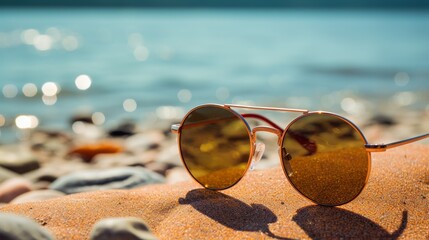 Travel summertime concept sunglasses on seashore, reflecting vacation vibes by the beach