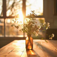 A table is placed by a window with warm sunlight, and a pretty vase is placed on the table.