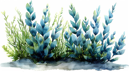 Aquatic Botanicals, Watercolor painting of blue-green plant life, exhibiting a serene underwater essence. - obrazy, fototapety, plakaty