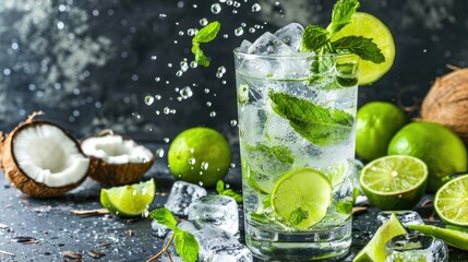 Tropical Bliss: Refreshing Beverage with Ice, Lime, and Mint
